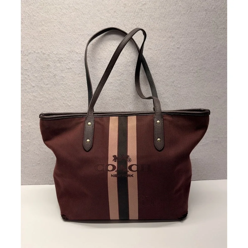 COACH Horse & Carriage Jacquard City Tote Oxblood Pink Varsity Stripe 69645